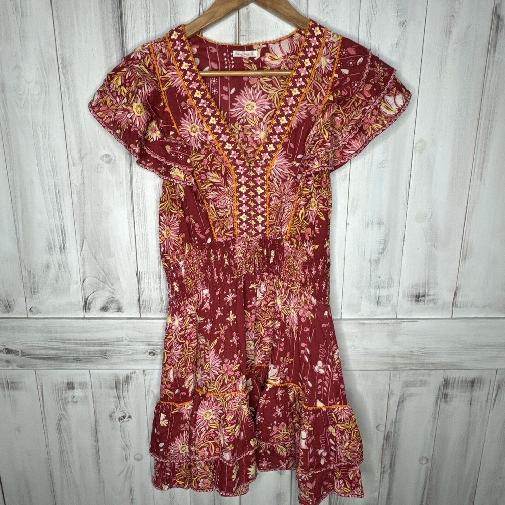 WOMENS POUPETTE ST BARTH CAMILA RED‎ FLORAL RUFFLE TIERED SMOCKED MINI DRESS M
